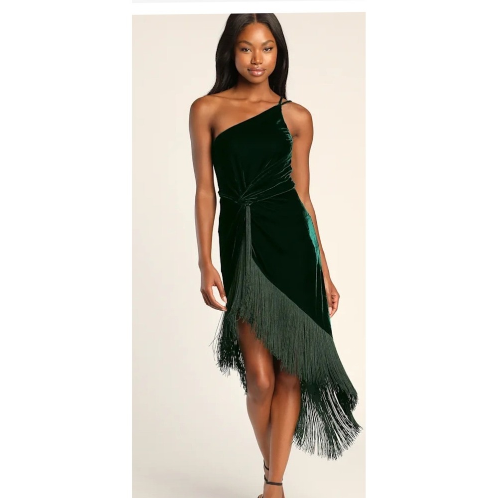 Lulus One Shoulder Fringe Velvet Midi Dress Womens M Emerald‎ Green NEW Knotted